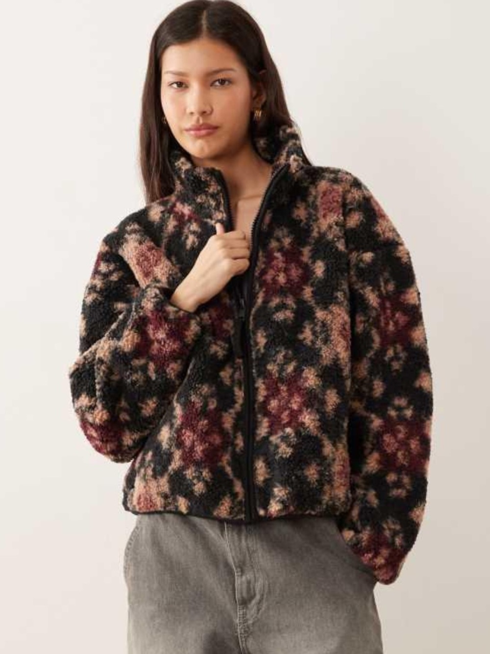 Abercrombie & Fitch Floral Sherpa Zip Jacket - Black, Pink, Tan